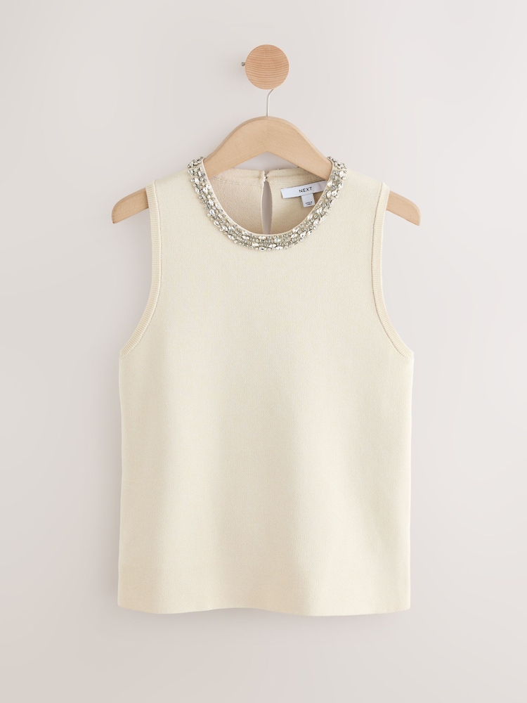 Neutral Stone Embellished Crew Neck Knitted Top - Image 8 of 8