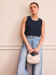 Navy Blue Embellished Crew Neck Knitted Top - Image 1 of 8