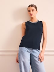 Navy Blue Embellished Crew Neck Knitted Top - Image 2 of 8