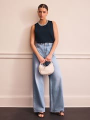 Navy Blue Embellished Crew Neck Knitted Top - Image 3 of 8