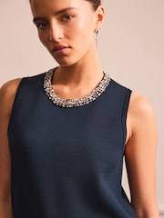 Navy Blue Embellished Crew Neck Knitted Top - Image 5 of 8