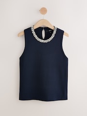 Navy Blue Embellished Crew Neck Knitted Top - Image 8 of 8