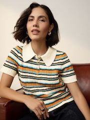 Ecru Multi Stripe Short Sleeve Knitted Polo Top with Cotton - Image 1 of 8