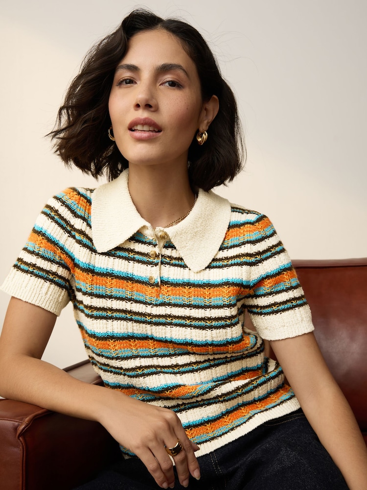 Ecru Multi Stripe Short Sleeve Knitted Polo Top with Cotton - Image 1 of 8