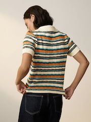 Ecru Multi Stripe Short Sleeve Knitted Polo Top with Cotton - Image 3 of 8