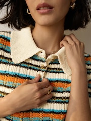 Ecru Multi Stripe Short Sleeve Knitted Polo Top with Cotton - Image 4 of 8