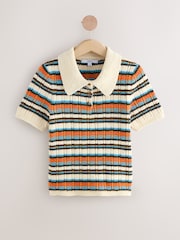 Ecru Multi Stripe Short Sleeve Knitted Polo Top with Cotton - Image 5 of 8