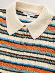 Ecru Multi Stripe Short Sleeve Knitted Polo Top with Cotton - Image 6 of 8