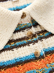 Ecru Multi Stripe Short Sleeve Knitted Polo Top with Cotton - Image 7 of 8