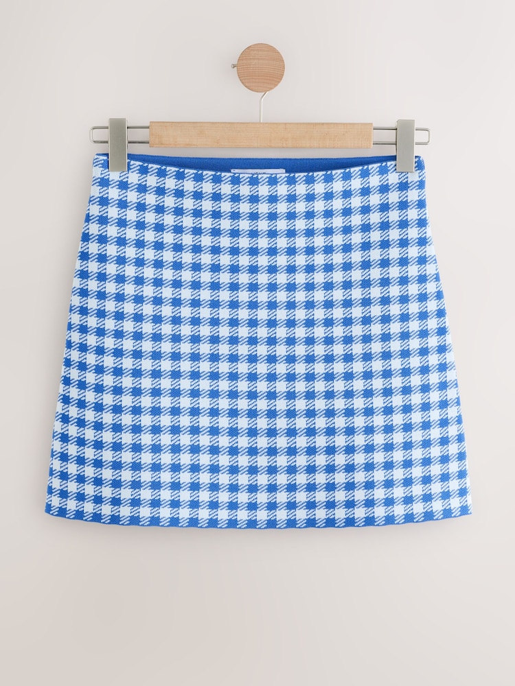Blue Gingham Check Co-Ord Knitted Mini Skirt - Image 1 of 3 Blue Gingham Check Co-Ord Knitted Mini Skirt - Image 1 of 3