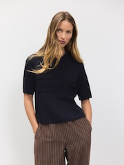 Dark Navy Knitted Polo Shirt With Pockets - Image 1 of 9