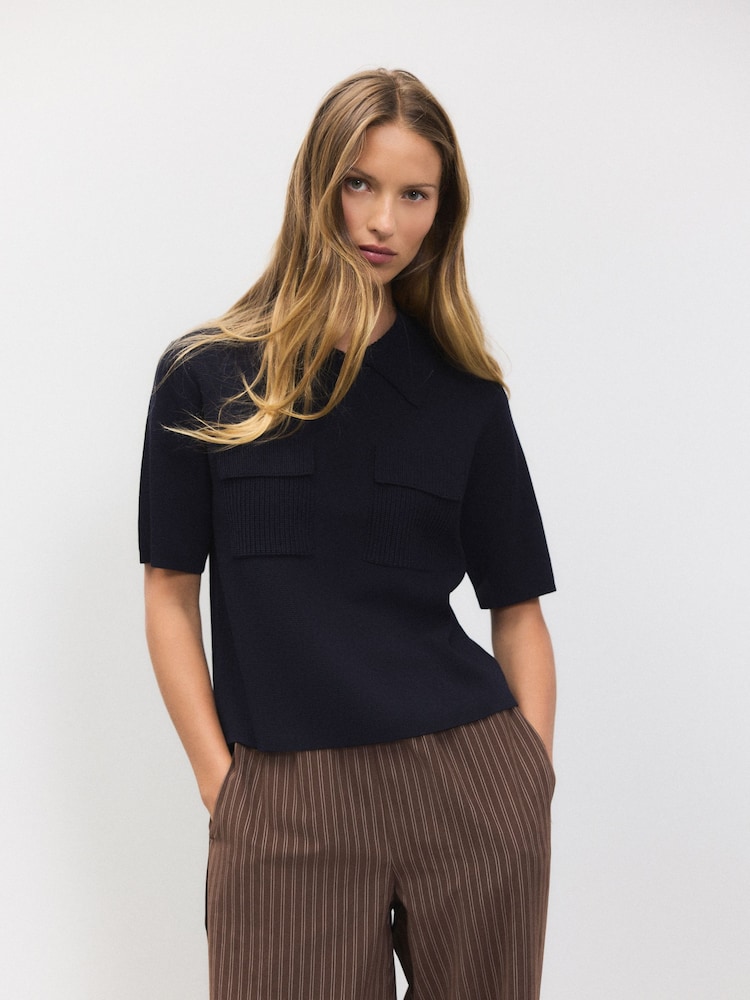 Dark Navy Knitted Polo Shirt With Pockets - Image 1 of 9
