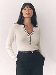 Ecru Cream Tipped Soft Touch V-Neck Knitted Polo Top with Cotton - Image 1 of 7
