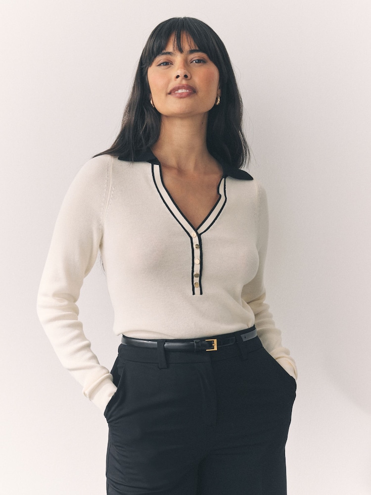 Ecru Cream Tipped Soft Touch V-Neck Knitted Polo Top with Cotton - Image 1 of 7