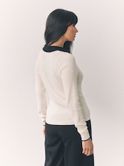 Ecru Cream Tipped Soft Touch V-Neck Knitted Polo Top with Cotton - Image 3 of 7