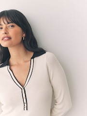 Ecru Cream Tipped Soft Touch V-Neck Knitted Polo Top with Cotton - Image 4 of 7