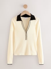 Ecru Cream Tipped Soft Touch V-Neck Knitted Polo Top with Cotton - Image 5 of 7