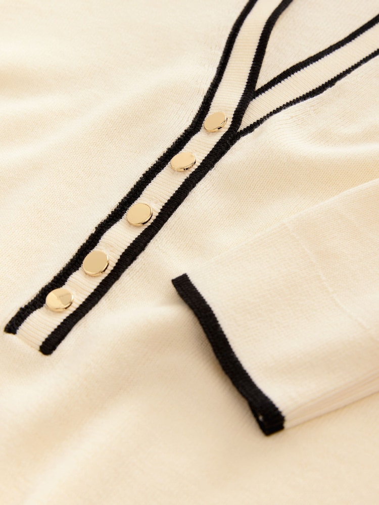 Ecru Cream Tipped Soft Touch V-Neck Knitted Polo Top with Cotton - Image 7 of 7