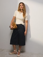 Ecru Ribbed Short Sleeve Knitted Crew Neck Top with Cotton - Image 2 of 7