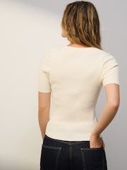 Ecru Ribbed Short Sleeve Knitted Crew Neck Top with Cotton - Image 3 of 7