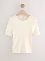 Ecru Ribbed Short Sleeve Knitted Crew Neck Top with Cotton - Image 5 of 7