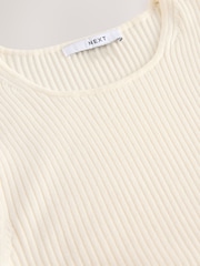 Ecru Ribbed Short Sleeve Knitted Crew Neck Top with Cotton - Image 6 of 7