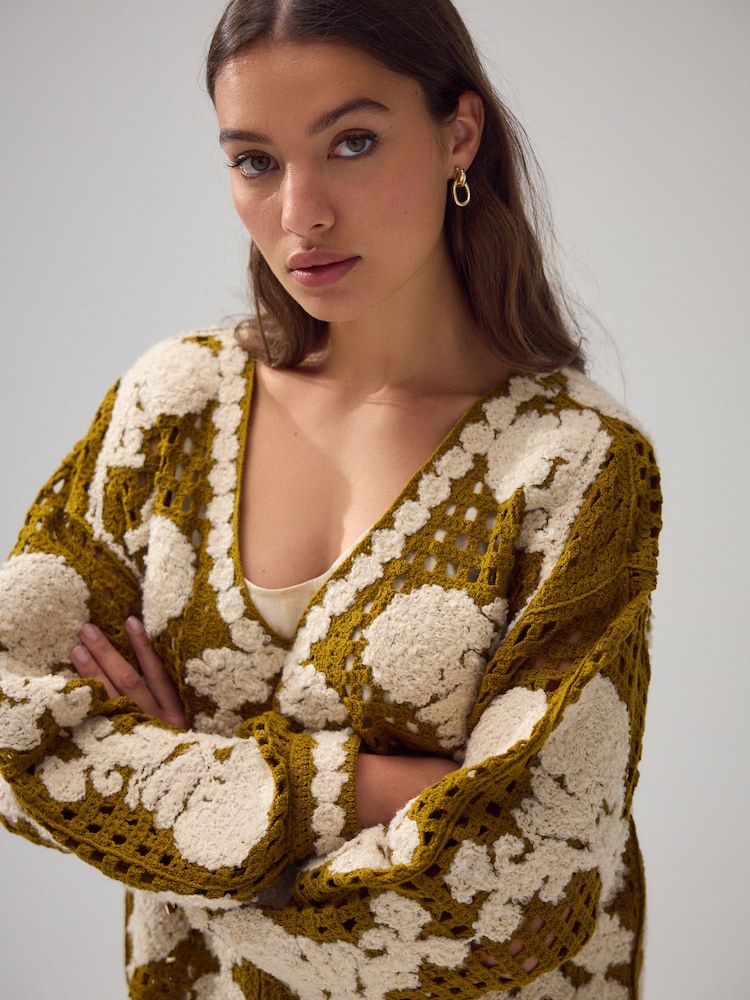 Azeitona verde - Floral Print Crochet Jacket Cardigan - Imagem 1 de 9
