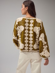 Azeitona verde - Floral Print Crochet Jacket Cardigan - Imagem 4 de 9