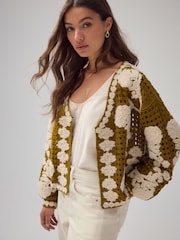 Azeitona verde - Floral Print Crochet Jacket Cardigan - Imagem 5 de 9