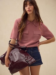 Blush Pink Knitted Polo Shirt With Pockets - Image 1 of 8