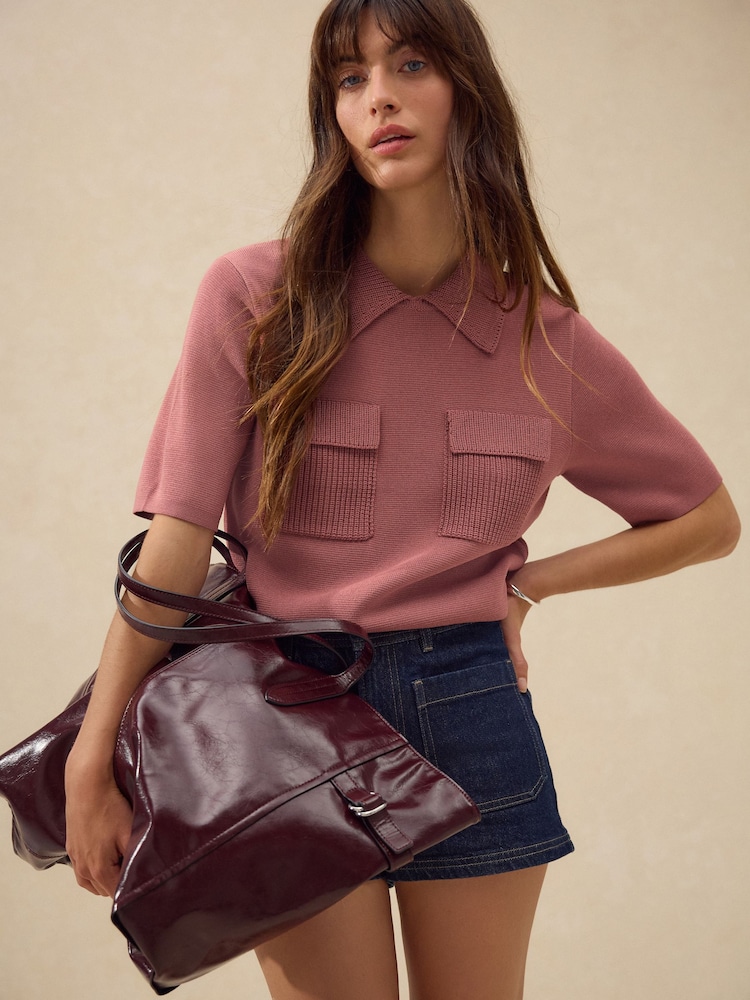 Blush Pink Knitted Polo Shirt With Pockets - Image 1 of 8