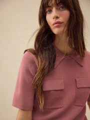 Blush Pink Knitted Polo Shirt With Pockets - Image 4 of 8