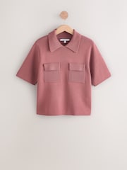 Blush Pink Knitted Polo Shirt With Pockets - Image 5 of 8
