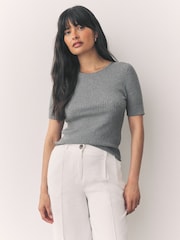 Grey Ribbed Short Sleeve Knitted Crew Neck Top with Cotton - Image 1 of 1