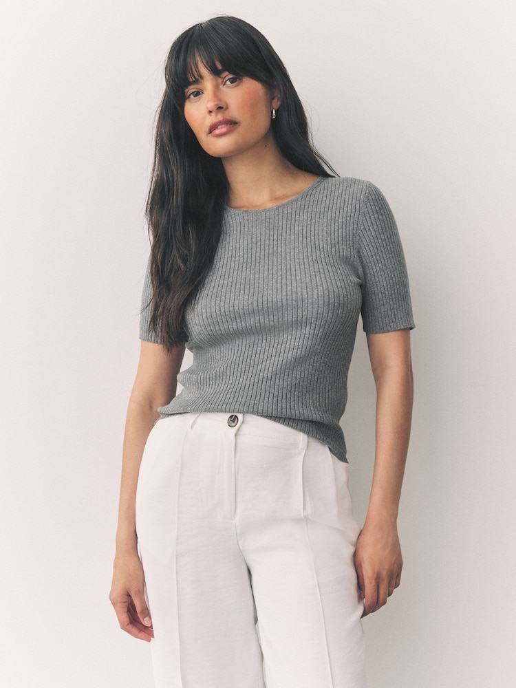Grey Ribbed Short Sleeve Knitted Crew Neck Top with Cotton - Image 1 of 1