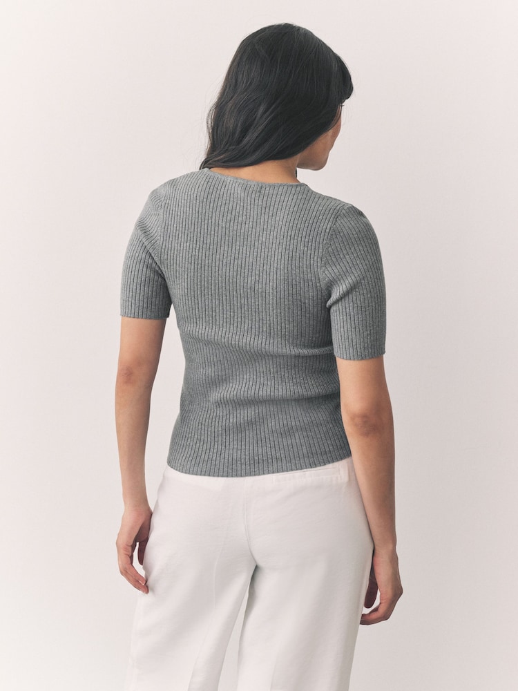Grey Ribbed Short Sleeve Cotton Rich Knitted Crew Neck Top - Image 3 of 7