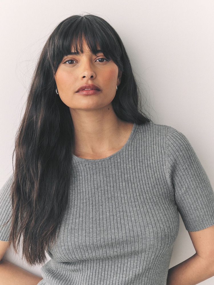 Grey Ribbed Short Sleeve Cotton Rich Knitted Crew Neck Top - Image 4 of 7