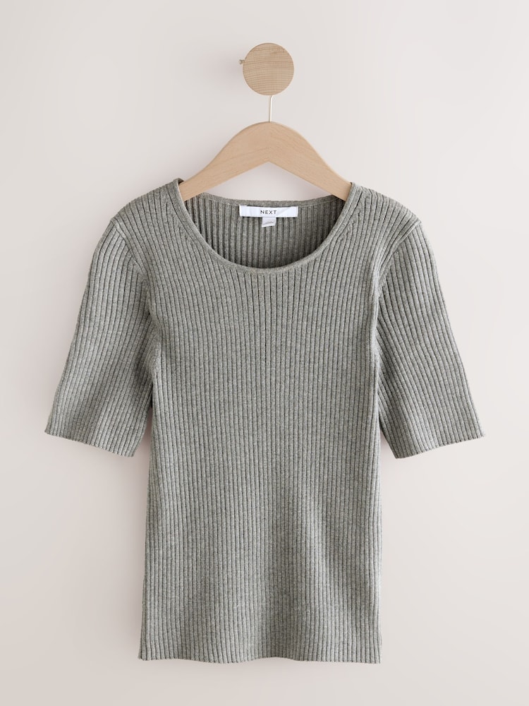 Grey Ribbed Short Sleeve Cotton Rich Knitted Crew Neck Top - Image 5 of 7