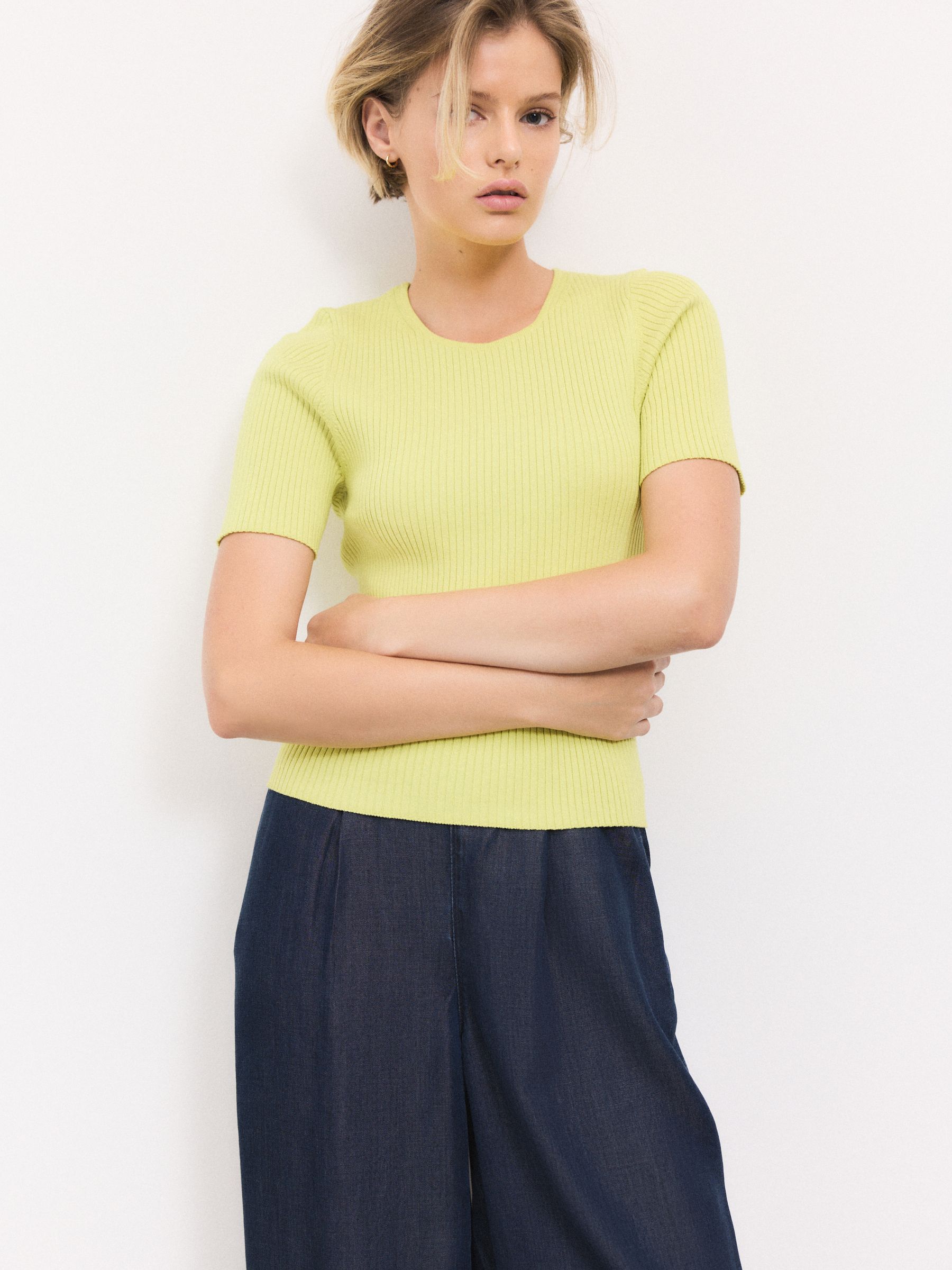 Buy Lime Green Ribbed Short Sleeve Cotton Rich Knitted Crew Neck