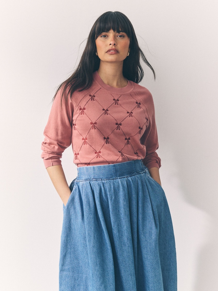 Pink Blush Embroidered Bow Soft Touch Crew Neck Jumper With Cotton - Image 1 of 7