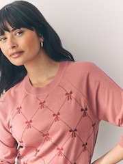 Pink Blush Embroidered Bow Soft Touch Crew Neck Jumper With Cotton - Image 4 of 7