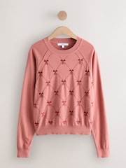 Pink Blush Embroidered Bow Soft Touch Crew Neck Jumper With Cotton - Image 5 of 7