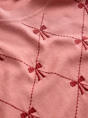 Pink Blush Embroidered Bow Soft Touch Crew Neck Jumper With Cotton - Image 6 of 7