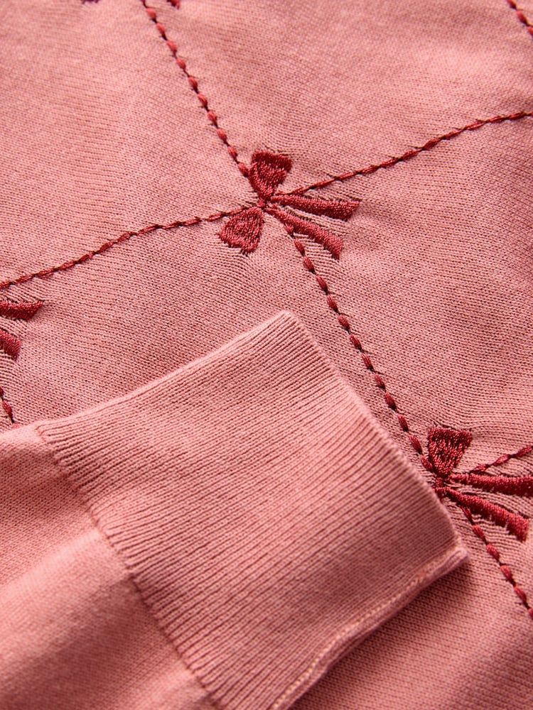 Pink Blush Embroidered Bow Soft Touch Crew Neck Jumper With Cotton - Image 7 of 7