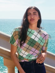 Green Multi Check Knitted Textured Crew Neck Short Sleeve Top - Image 2 of 7