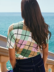 Green Multi Check Knitted Textured Crew Neck Short Sleeve Top - Image 4 of 7