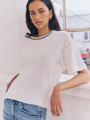 White Ecru Short Sleeve Crew Neck T-Shirt With Linen - Image 1 of 9
