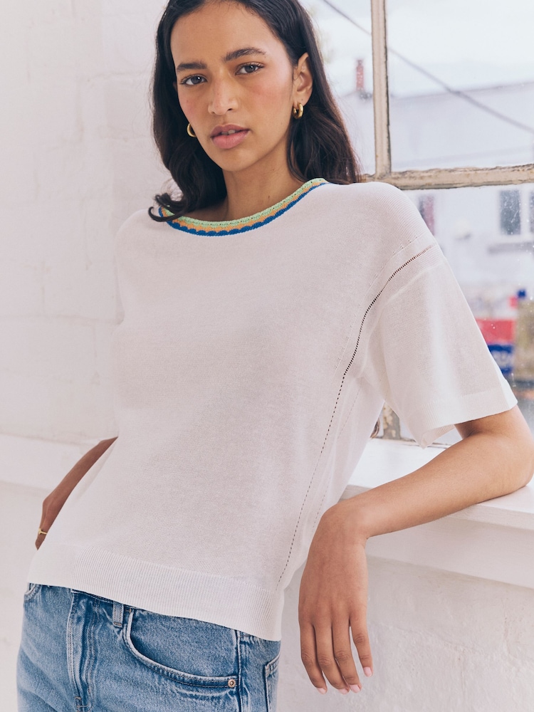 White Ecru Short Sleeve Crew Neck T-Shirt With Linen - Image 1 of 9