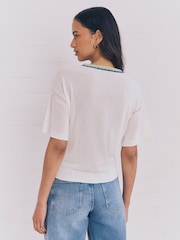 White Ecru Short Sleeve Crew Neck T-Shirt With Linen - Image 3 of 9