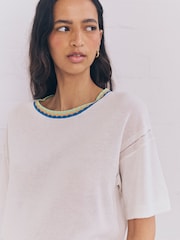 White Ecru Short Sleeve Crew Neck T-Shirt With Linen - Image 6 of 9